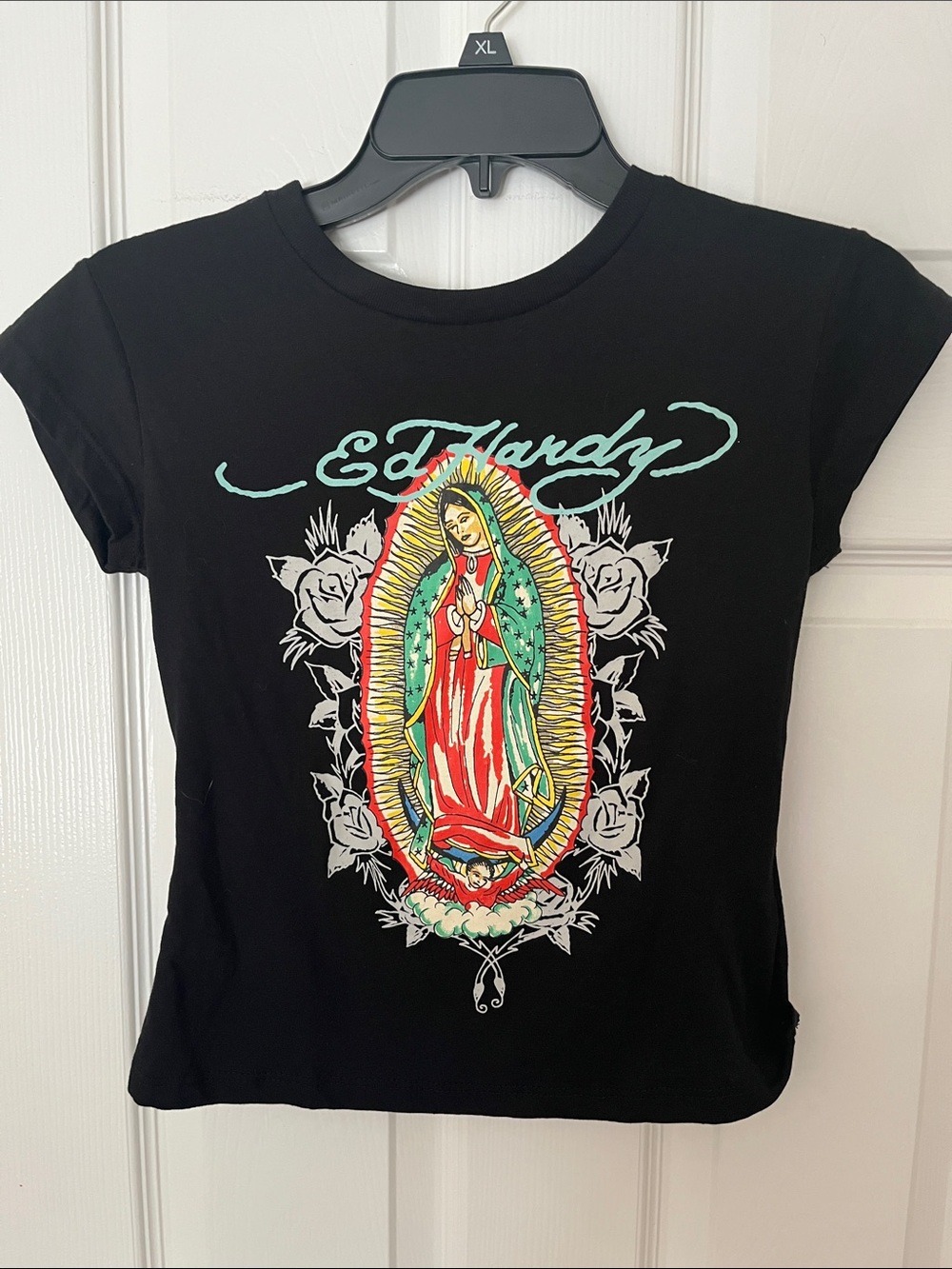 Ed Hardy NWOT Virgin Mary tattoo graphic crop  black t shirt short sleeve Small